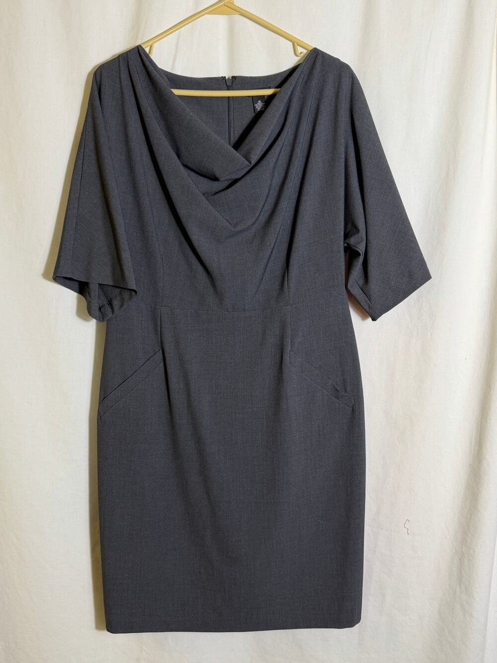 New Directions Gray Sheath Dress Size 12 Cowl Neck Career Office Midi Pockets